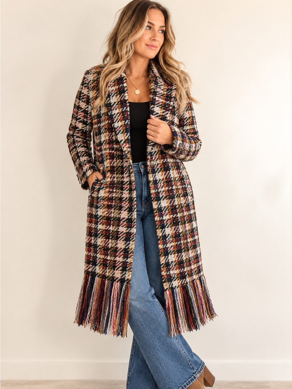 CAbi Regency Coat #3901 Noble Plaid Fringe Long Coat Size Small